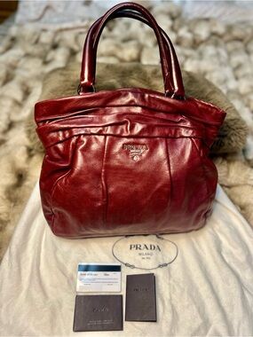 AUTHENTICATED PRADA Nappa Frills Shopping Tote in Bordeaux Red (MSRP $1,695)
